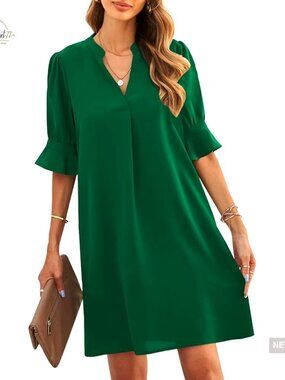Knee-Length Shift Dress V-Neck Ruffled Sleeves Lightweight Polyester Summer